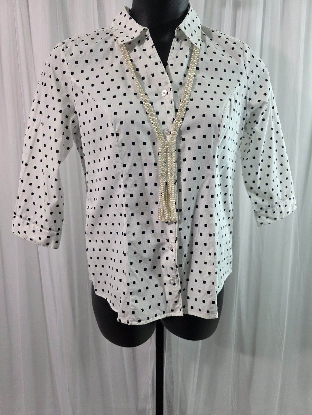 Christopher & Banks White Blouse with Black Square Print Size P/M Petite
